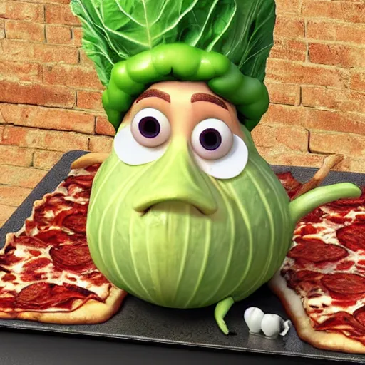 Image similar to cabbage character and king with crown, cooking pizza in a wood fired oven, highly detailed 3 d render, funny, pixar