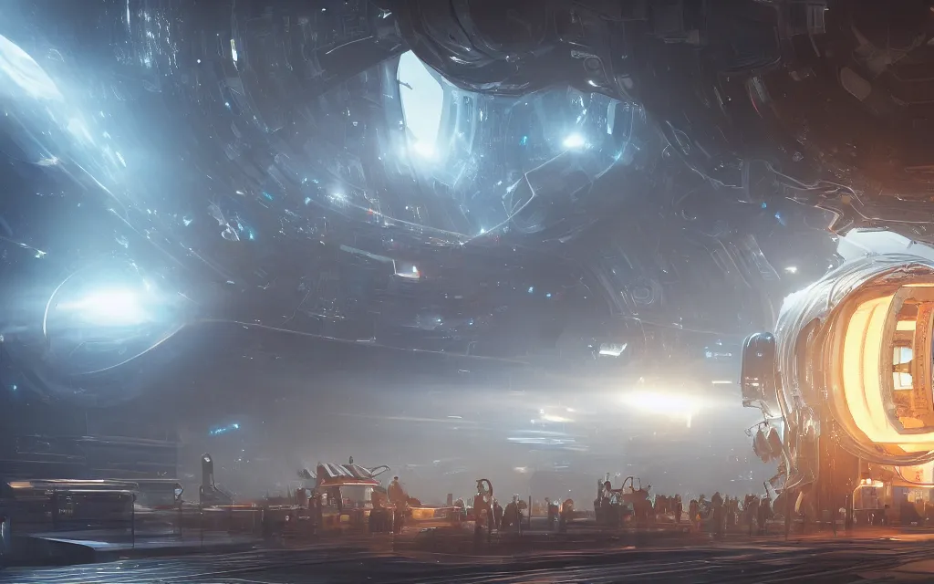 Image similar to large teleporter in space inside a bustling space market, concept art, digital art, illustration, sharp focus, octane render, trending on artstation