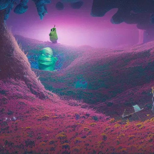 Prompt: a fantastic hyperdetailed 3 d matte painting of shrek partially covered in overgrowing wildflowers on an alien planet under arctic moonlight by moebius by beeple by by jakub rozalski by paul lehr by dan mumford