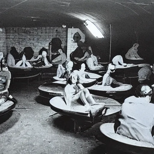 Prompt: 1960s photograph of an underground LSD lab