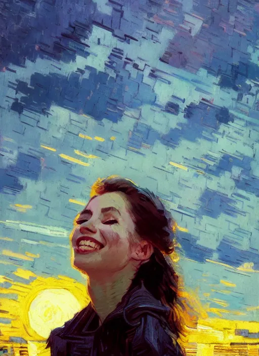 Prompt: portrait of a beautiful girl, new york backdrop, smiling, ecstatic, eyes closed, open mouth, sunset shades, beautiful face, rule of thirds, intricate outfit, spotlight, by greg rutkowski, by jeremy mann, by francoise nielly, by van gogh, digital painting