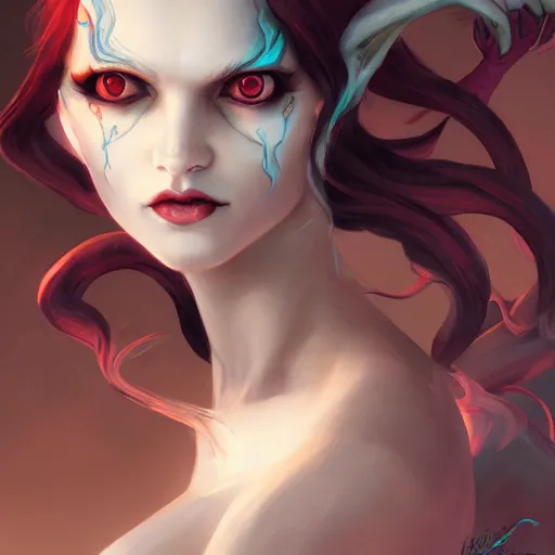 Prompt: portrait of the beautiful face of a demoness with pale skin and red eyes and long dark hair by pete mohrbacher and artgerm and wlop, digital art, highly detailed, Trending on Artstation HQ, unreal engine 5, 4K UHD image