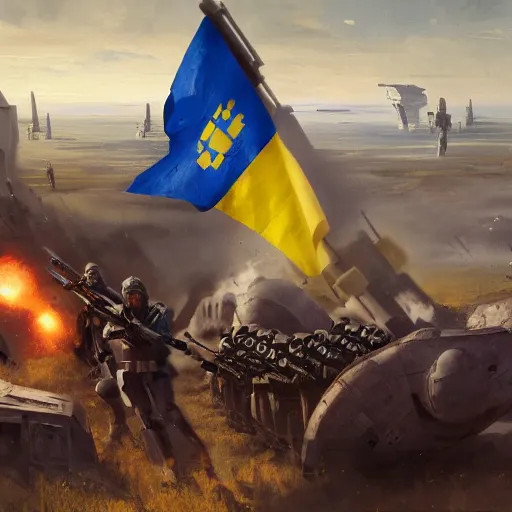 Prompt: In the Star Wars universe, rebels with Ukrainian flags are holding back the attacks of invaders with Russian flags by Greg Rutkowski