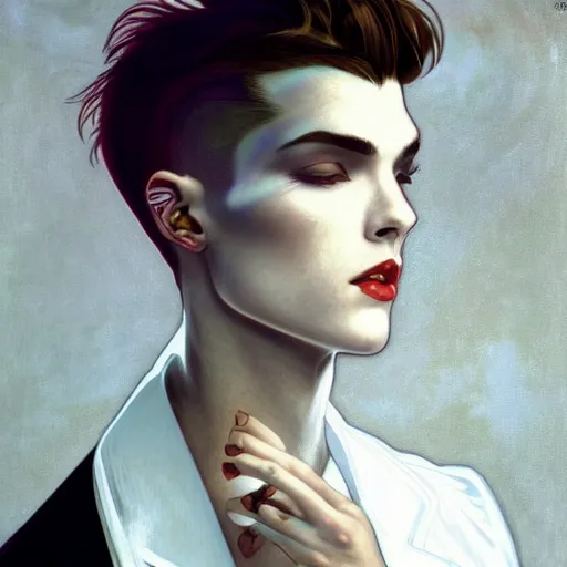 Image similar to beautiful portrait of androgynous ruby rose as desire from sandman in a white tuxedo!!!, rockabilly style,, by alphonse mucha, by jeremy mann, by peter lindbergh, cedric peyravernay, by frank moth, white suit and black tie, soft lightning, high detailed, 8 k