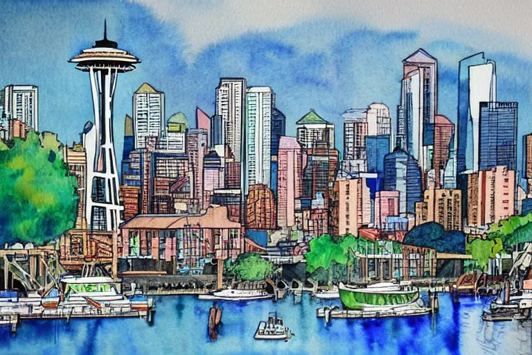 Image similar to !! watercolor!! seattle in a sunny day, artwork by tooth wu, colorful contrast,!!!! very coherent!!!!, dark shadow, thick lineart