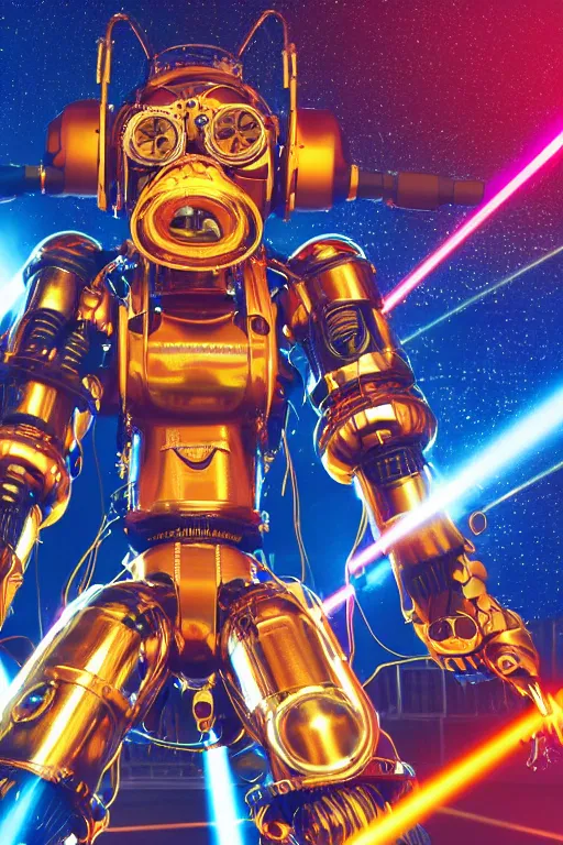 Prompt: portrait photo of a giant huge golden and blue metal humanoid steampunk robot singer wearing headphones and gears and tubes, a big red glowing microphone on a tripod, eyes are glowing red lightbulbs, shiny crisp finish, 3 d render, 8 k, insaneley detailed, fluorescent colors, background is multicolored lasershow