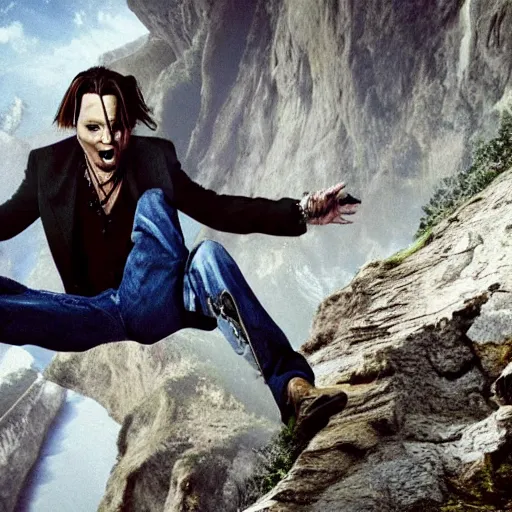 Image similar to johnny depp falling down a cliff with the camera pointing downwards at his face as you can see him scream while falling down the cliff, realistic, movie scene, dramatic, hdr, clear image,