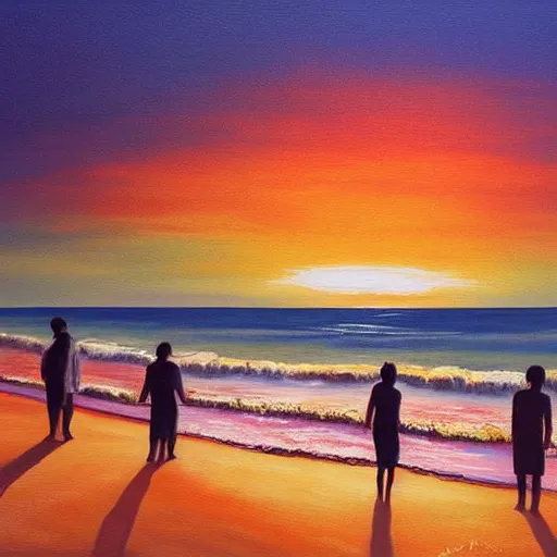 Prompt: a beautiful painting of people standing on the beach at sunset. there are 7 people and they stand together with their backs to us. painting by niko pirosmani.