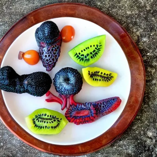 Prompt: a plate of alien fruits
