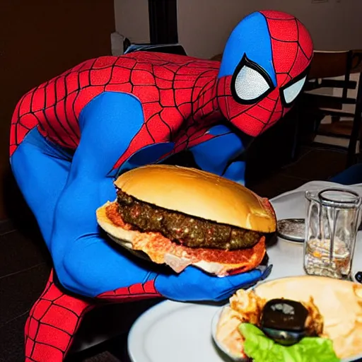 Prompt: Blue Spider-Man eating a cheeseburger, photograph