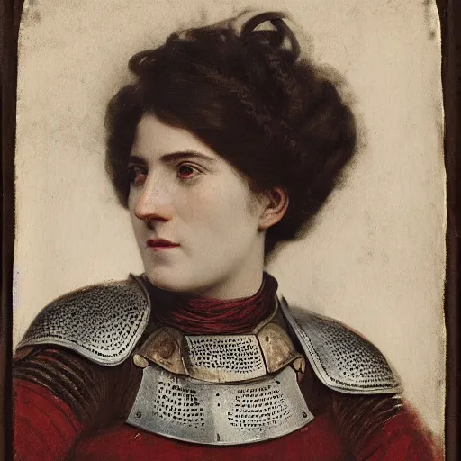 Prompt: head and shoulders portrait of a female knight, basque!, lorica segmentata, cuirass, tonalist, symbolist, realistic, ambrotype, baroque, detailed, modeled lighting, vignetting, indigo and venetian red, angular, smiling, eagle