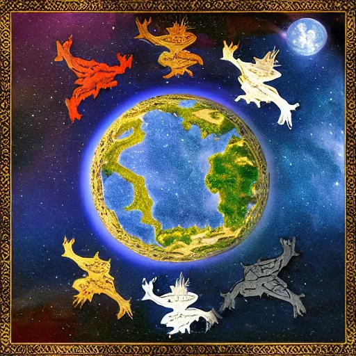 Image similar to ancient earth with multiple dragons flying in the sky