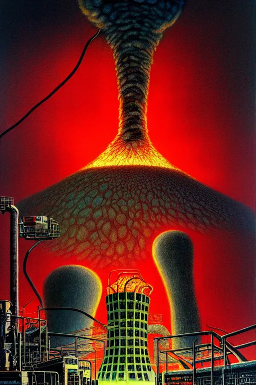 Image similar to a hyperrealistic detailed painting of a code red emergency at the nuclear power plant, radioactive meltdown radiation monster eating the laboratory by chris cunningham and richard corben, highly detailed, vivid color,