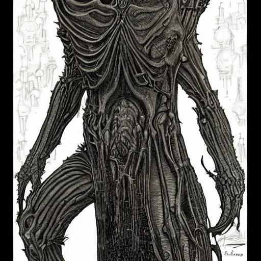 Image similar to frodo baggins, style of h. r. giger, highly detailed, sharp, dark