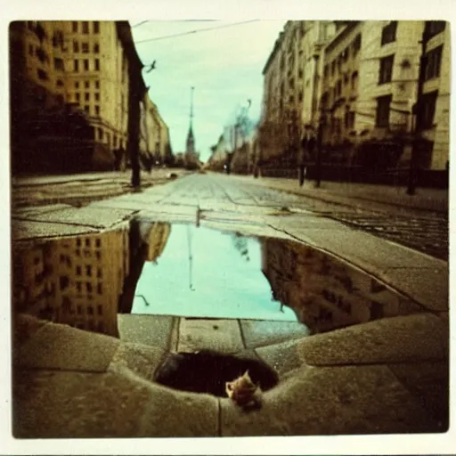 Image similar to wide-shot very low-angle eyesight reflection of a cat in the puddle at the street in Moscow, polaroid photo, by Andy Warhol, signed