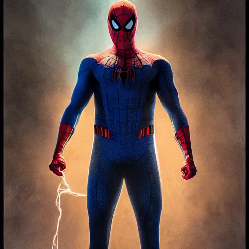 Image similar to ryan reynolds as spider - man, wearing a black and blue suit, cinematic, volumetric lighting, f 8 aperture, cinematic eastman 5 3 8 4 film, photorealistic by greg rutkowski, by stanley artgerm, by alphonse mucha