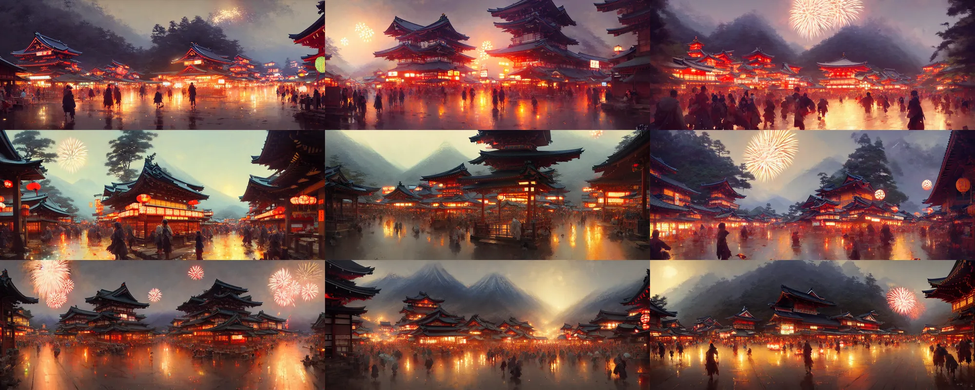 Prompt: japanese mountain countryside small town, amusement stalls, summer festival night, fireworks, illustration, highly detailed, digital painting, concept art, matte, art by ruan jia and wlop and greg rutkowski and makoto shinkai, masterpiece