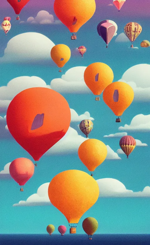 Prompt: a hot air balloons ocean radio active endless horizon with people Mobil McDonald Taco Bell in the style of Shaun Tan and beeple