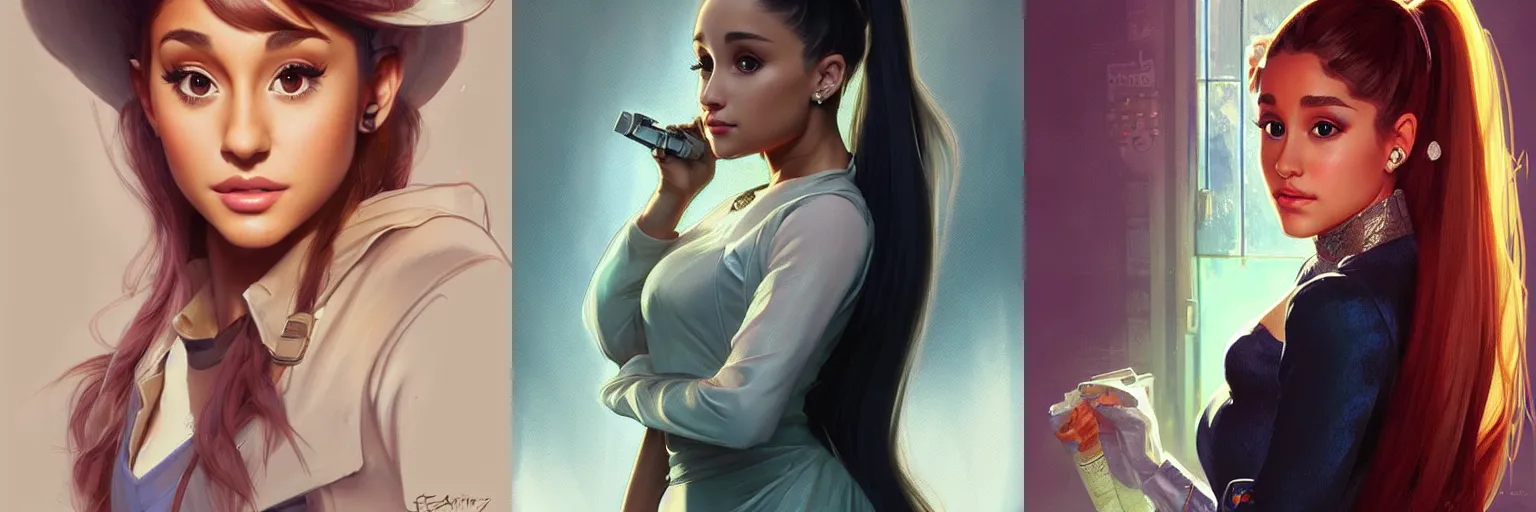 Prompt: portrait of Ariana Grande as a detective, highly detailed, digital painting, artstation, concept art, sharp focus, illustration, art by artgerm and greg rutkowski and alphonse mucha