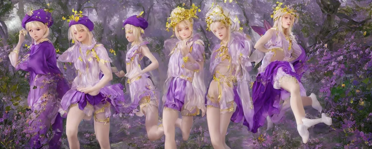 Image similar to Full View of mysterious fairy maidens with short blond hair wearing an oversized purple Beret, Baggy Purple overall shorts, Short Puffy pants made of silk, silk shoes, a big billowy scarf, Golden Ribbons, white leggings Covered in stars. Short Hair. peasant magic. masterpiece 4k digital illustration by Ruan Jia and Mandy Jurgens and Artgerm and greg rutkowski , award winning, Artstation, art nouveau aesthetic, Alphonse Mucha background, intricate details, realistic, panoramic view, Hyperdetailed, 8k resolution, intricate art nouveau, smooth, sharp focus. Rhythmic gymnastics poses