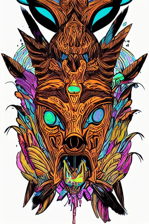 Image similar to totem animal mask tribal feather gemstone plant wood rock shaman vodoo video game vector cutout illustration vivid color borderlands comics by josan gonzales and dan mumford radiating a glowing aura