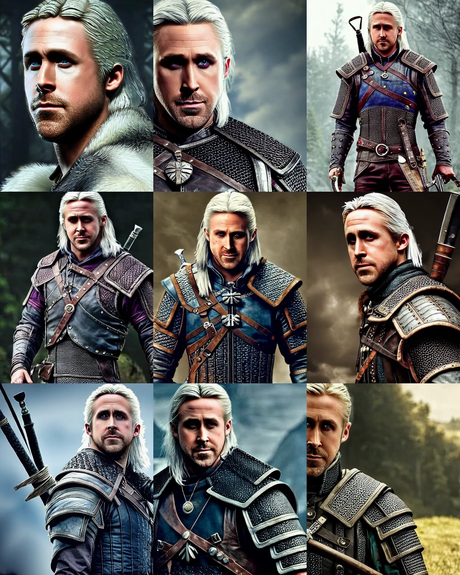 Prompt: ryan gosling as geralt of rivia from witcher 3, photorealistic cosplay