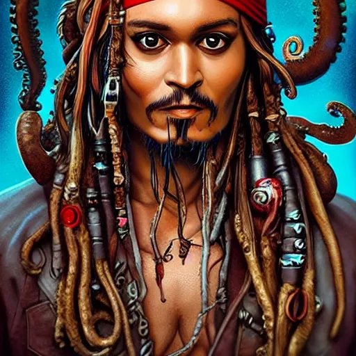 Prompt: Lofi BioPunk Lovecraft Lovecraftian portrait of Jack Sparrow with an octopus Pixar style by Tristan Eaton Stanley Artgerm and Tom Bagshaw