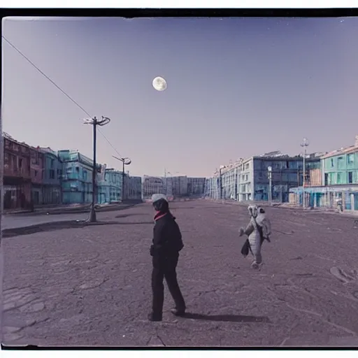 Image similar to moonwalker photo, city street on the moon, a detailed image of a future norilsk base, moon landscape, streetphoto, polaroid