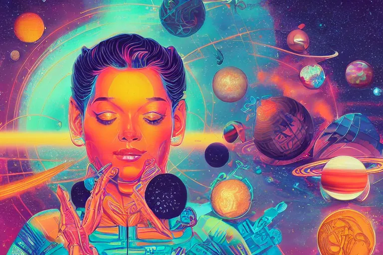 Prompt: a brain synthwave cyber bokeh interconnected with the solar system, tristan eaton, victo ngai, artgerm, rhads, ross draws