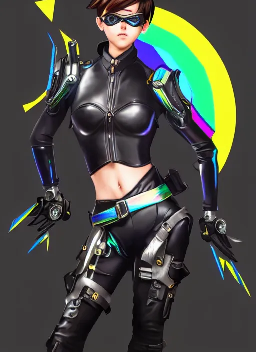 Image similar to full body digital artwork of tracer overwatch, wearing black iridescent rainbow latex, 4 k, expressive happy smug expression, makeup, in style of mark arian, wearing detailed black leather collar, wearing sleek armor, black leather harness, detailed face and eyes,