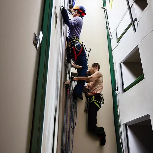 Image similar to A climbing expedition climbing the stairs of a regular apartment building. They are using ropes, pickaxes and other professional climbing gear in order to climb the stairs. Photograph, f/8, room lighting, indoor