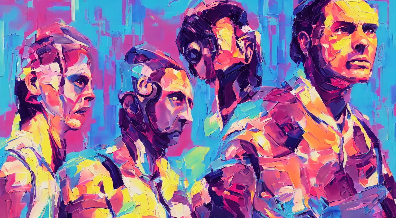 Prompt: a graph style gauche impasto, tennis players, cyberpunk art by james gilleard, cgsociety, retrofuturism, synthwave, retrowave, outrun, hyper realistic.