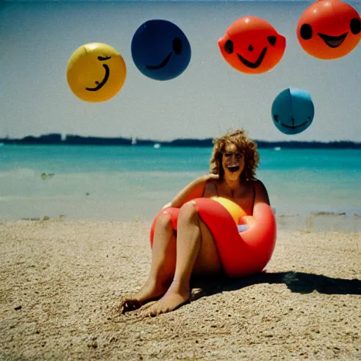 Image similar to A sad woman wearing an inflatable smiley to the beach, 1980, color film expired film, aged photo