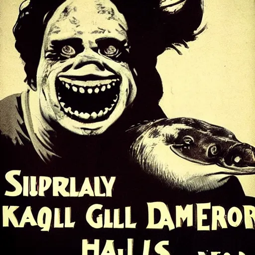 Prompt: vintage horror film poster of movie starring a platypus who kills people while playing darts