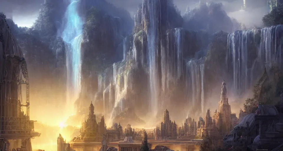 Prompt: a matte painting of beautiful religious science fiction city, with waterfalls, 8 k, cinematic lighting, hd, atmospheric, hyperdetailed, trending on artstation, deviantart, digital painting, concept art smooth sharp focus illustration, art by artgerm and raoul marks