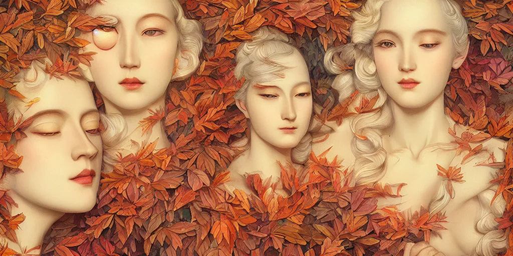 Image similar to breathtaking detailed concept art painting art deco pattern of blonde goddesses faces amalgamation autumn leaves, by hsiao - ron cheng and john james audubon, bizarre compositions, exquisite detail, extremely moody lighting, 8 k