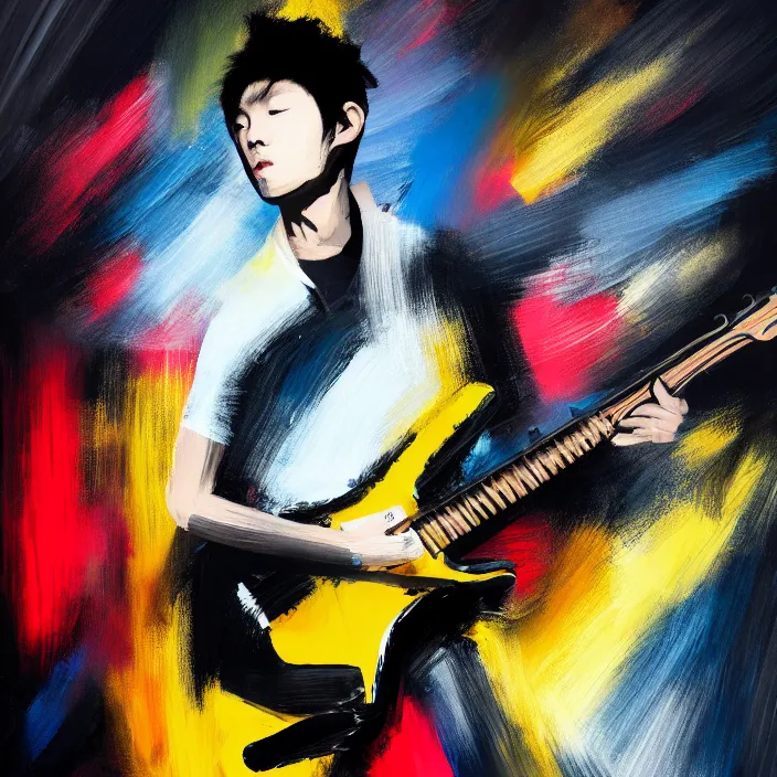 Image similar to large diagonal brush strokes, abstract dark painting of a young korean male musician wearing black tank top holding a telecaster!!! electric guitar!! in a dark room, thick flowing dramatic brush strokes, matte colors, abstract, impressionist, motion, trending on artstation