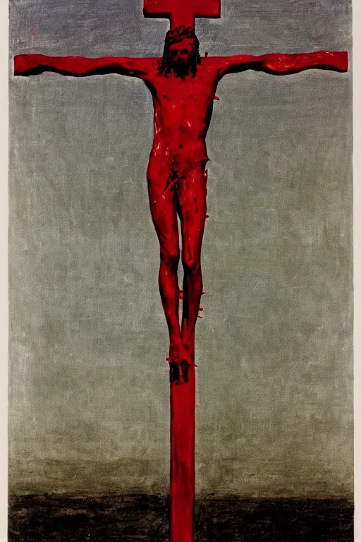 Image similar to bloody christ crucified and a huge ufo in the sky painted by cy twombly and andy warhol