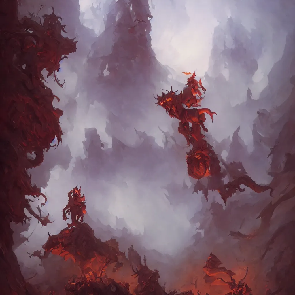 Prompt: devil, scary, magical area, foggy area, by jesper ejsing, by rhads, sharp focus, man standing, tower