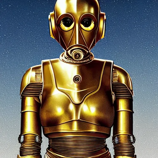 Image similar to portrait of Miley Cyrus as C3PO Star Wars droid, looking at camera, intricate, dystopian, sci-fi, extremely detailed, octane render, digital painting, concept art, smooth, sharp focus, illustration, incredible art by artgerm and greg rutkowski and alphonse mucha and simon stalenhag