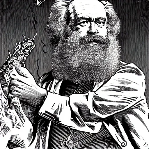 Prompt: Karl Marx defeating capitalism with super Powers and alien weapons, hyperrealistic, 8K