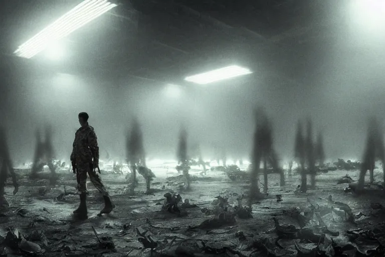 Prompt: !dream Several soldiers killed by a cyber woman, meat, blood, bones, Abandoned night hangar, dim blue light, foggy room, cinematic, style by Blade Runner