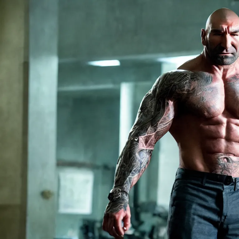 Image similar to dave bautista as calendar man, movie still, 8 k, hdr, atmospheric lighting