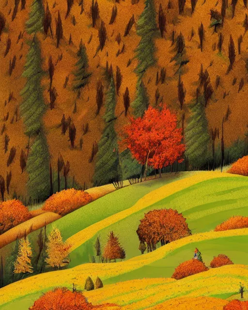 Prompt: autumn hillside boy hiking illustration detailed, by pedro kruger