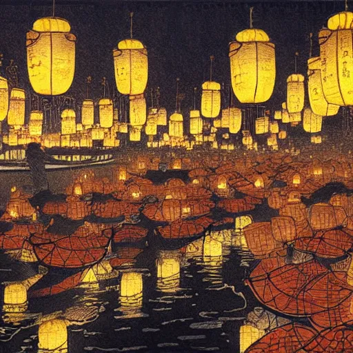 Image similar to concept art, river lanterns on the eve of ullambana festival, high resolution, by james gurney, katsushika hokusai, fujishima takeji, hiroshi yoshida, artstation