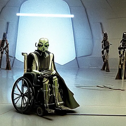 Prompt: General Grievous in a wheelchair with 4 lightsabers, photo from star wars the prequel,