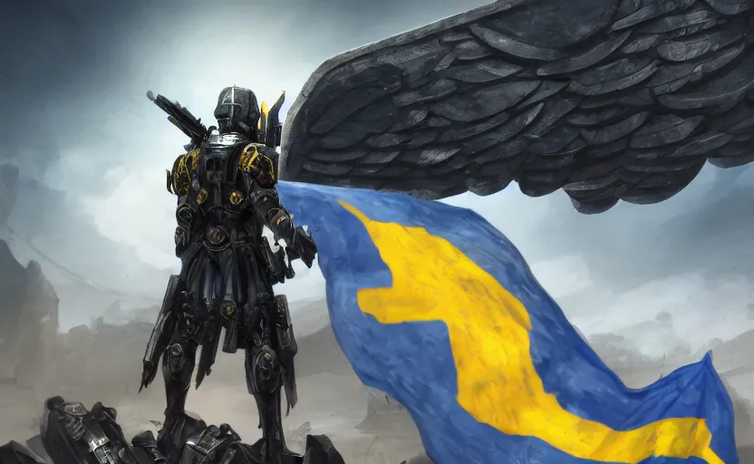 Image similar to A cinematic shot from behind, military super soldier with angel wings with a blue and yellow flag behind him is standing on a pile of skulls in triumph, concept art, сinematic lighting, insanely detailed, smooth, sharp focus, Artstation, 8k, unreal engine, hyper realistic, steampunk style, bright background, moonlight, volumetric lighting, wallpaper, digital illustration by Ruan Jia and Mandy Jurgens and Artgerm and Wayne Barlowe and Greg Rutkowski and Zdislav Beksinski