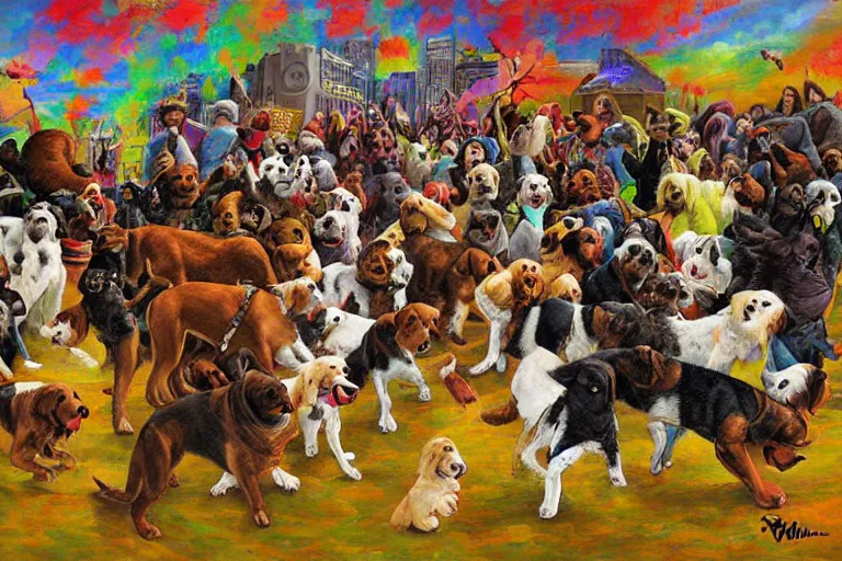 Image similar to dog moshpit, painting, dan whiz