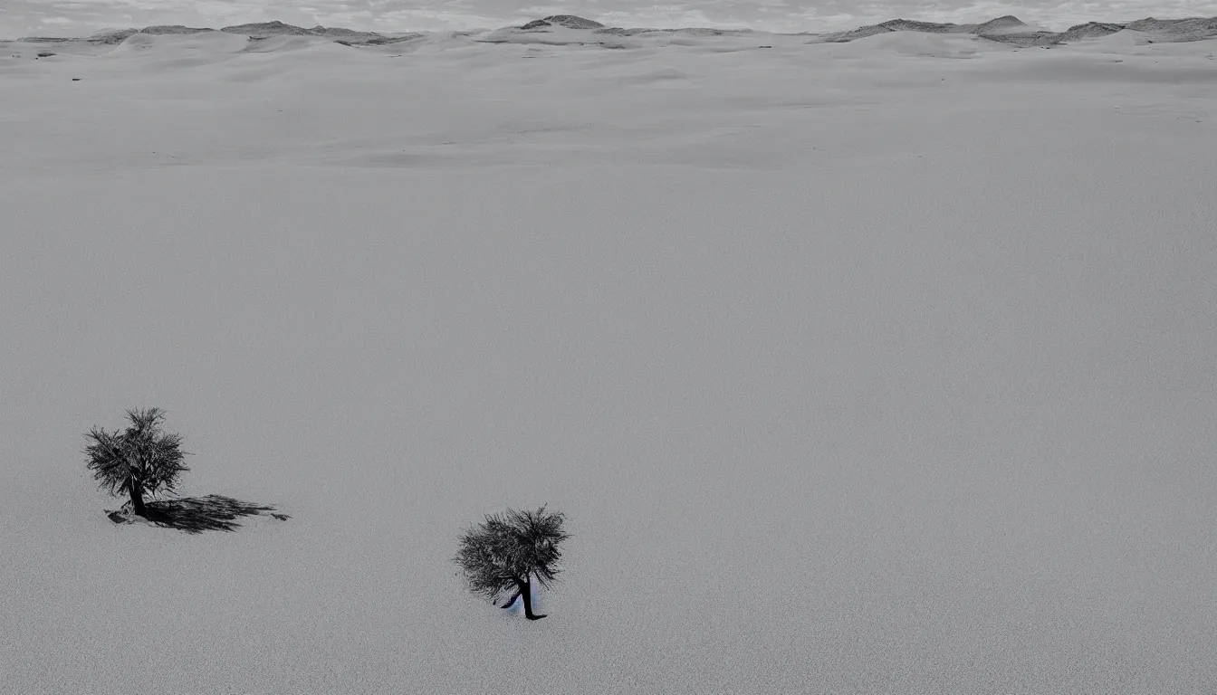 Image similar to barren desert with a single tree and large sand dunes
