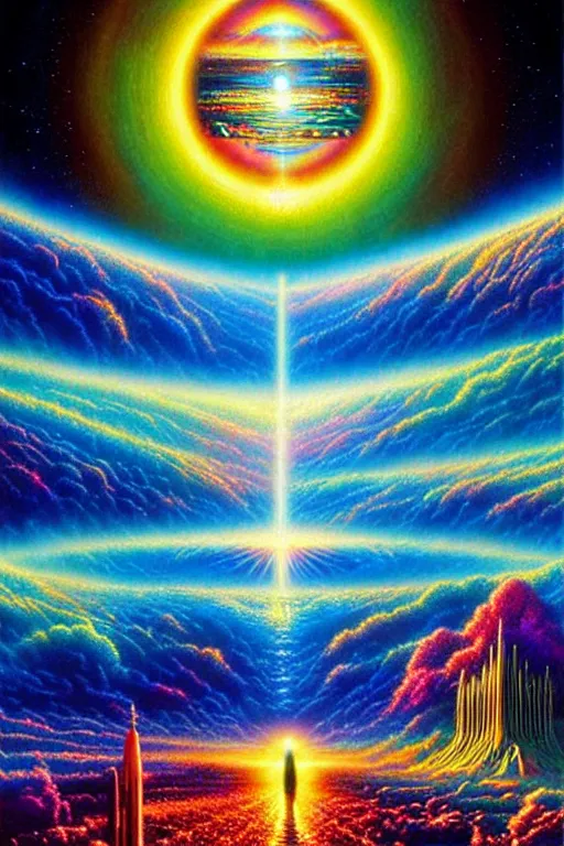 Prompt: a photorealistic detailed cinematic image of a beautiful vibrant iridescent future for human evolution, spiritual science, divinity, utopian, over - dimensional ground view, by david a. hardy, kinkade, lisa frank, wpa, public works mural, socialist